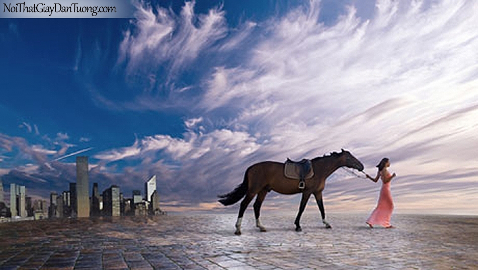 Tranh dán tường | cô gái dắt chú ngựa bên ngoài thành phố giữa bầu trời xanh DA010