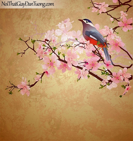 Tranh dán tường đẹp | Chim đậu trên cành hoa đào DA300