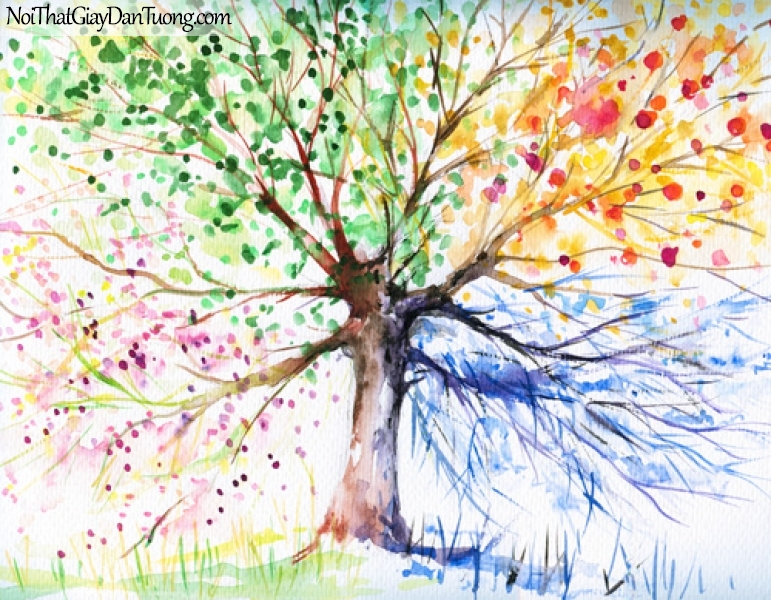 Tranh dán tường | Bức tranh những chiếc lá nhiều màu sắc trên cây cổ thụ DA2202