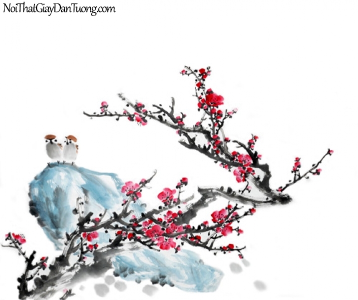 Tranh dán tường | Bức tranh 2 chú chim trên tảng đá bên cạnh chành hoa đào mùa xuân DA2274