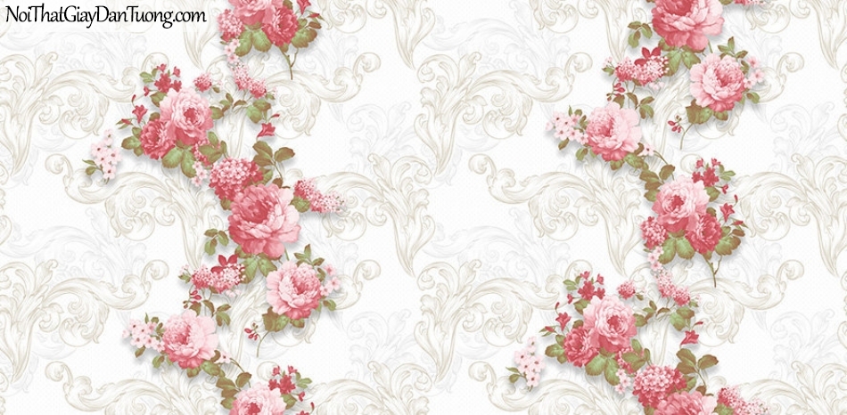 Giấy dán tường The Eight 2130-1 - giấy dán tường bông hoa, hoa màu hồng, hoa mẫu đơn, giấy dán tường hoa 3D, bông hoa rơi màu hường