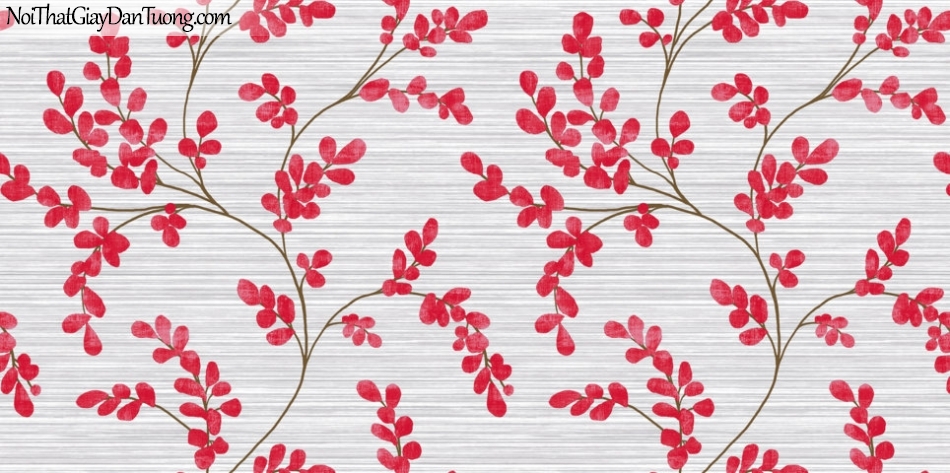 Art Noveau, Giấy dán tường Hàn Quốc 9372-2 , giấy dán tường nhiều sọc ngang nhỏ và nhiều hoa màu đỏ