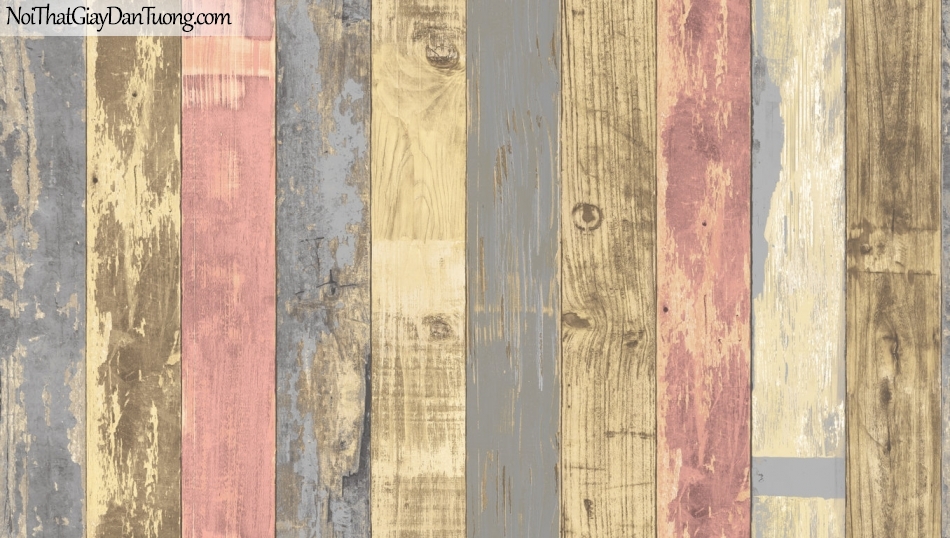 Giấy dán tường giả gỗ, những thanh gỗ nhỏ xếp đứng cạnh nhau, màu vàng, xanh, cam 85058-3 g