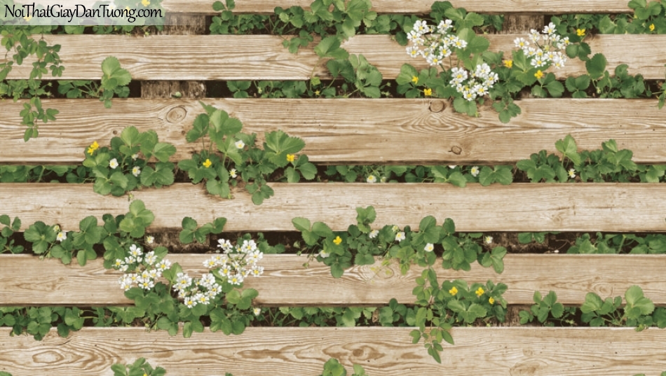 Giấy dán tường giả gỗ, những thanh gỗ nhỏ xếp ngang nhau, cỏ cây, hoa lá 87020-2 g