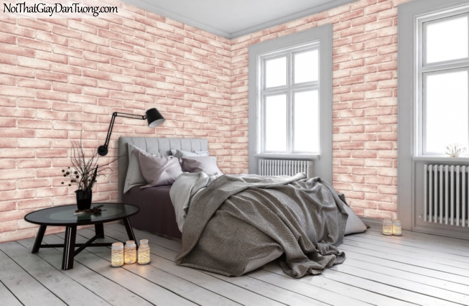Giấy dán tường giả gạch 3D, giấy dán tường gạch màu trắng hồng, gạch trắng hồng 70003-3 g pc