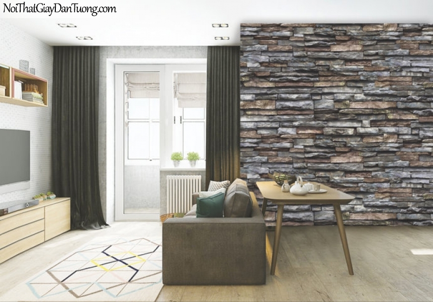 Giấy dán tường Natural Hàn Quốc 87030-4 PC, giả gạch, giả đá, giả gỗ 3D, giấy dán tường giả đá, màu nâu xám, phối cảnh