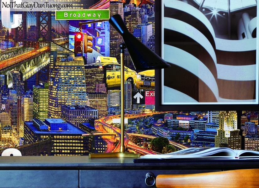 Giấy dán tường FIESTA Hàn Quốc FE1611-1(2) PC, giả tranh 3D, giấy dán tường giả tranh vẽ 3D, thành phố về đêm, phối cảnh