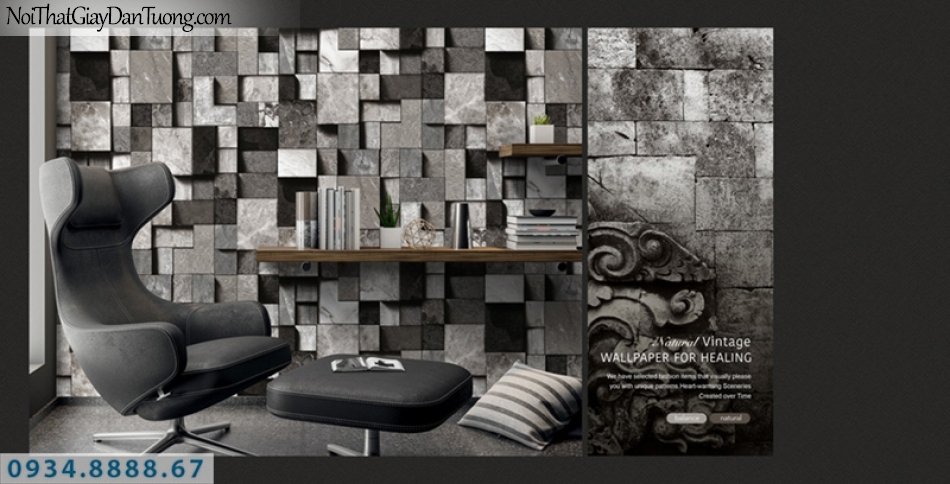Giấy dán tường PIEDRA, giấy dán tường 3D màu đen, màu xám, giả đá ô vuông, giả gỗ hình vuông 22-096