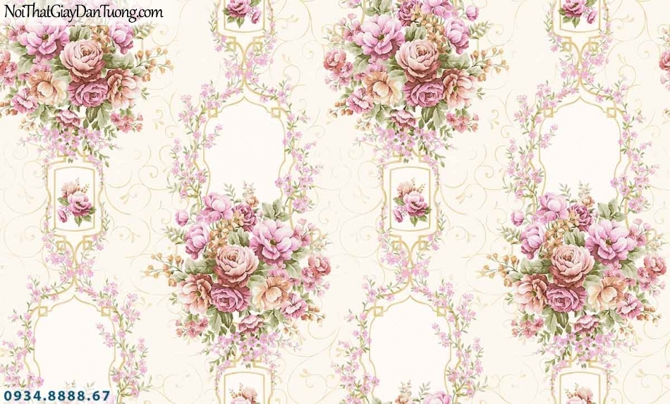 Lily | Giấy dán tường Lily 36006-5 | giấy dán tường bông hoa màu hồng nhạt, dây leo tường những chùm bông nhiều màu sắc đẹp