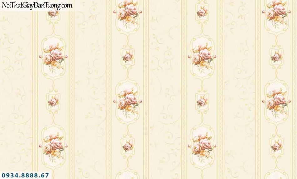 Lily | Giấy dán tường Lily 36008-1 | giấy dán tường kẻ sọc bông hoa, hoa văn sọc, sọc bông màu vàng, kẻ sọc lớn