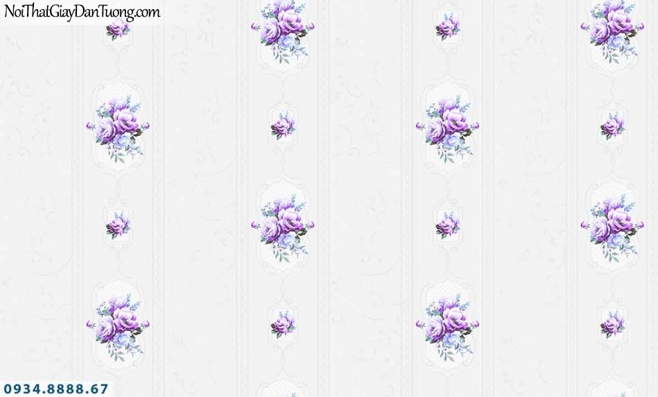 Lily | Giấy dán tường Lily 36008-3 | giấy dán tường sọc hoa văn màu tím, bông hoa và sọc bản lớn