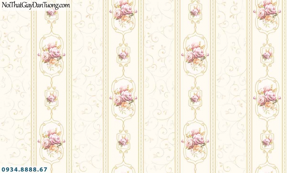 Lily | Giấy dán tường Lily 36008-5 | giấy dán tường kẻ sọc bông hoa màu vàng kem, giấy sọc bông đẹp