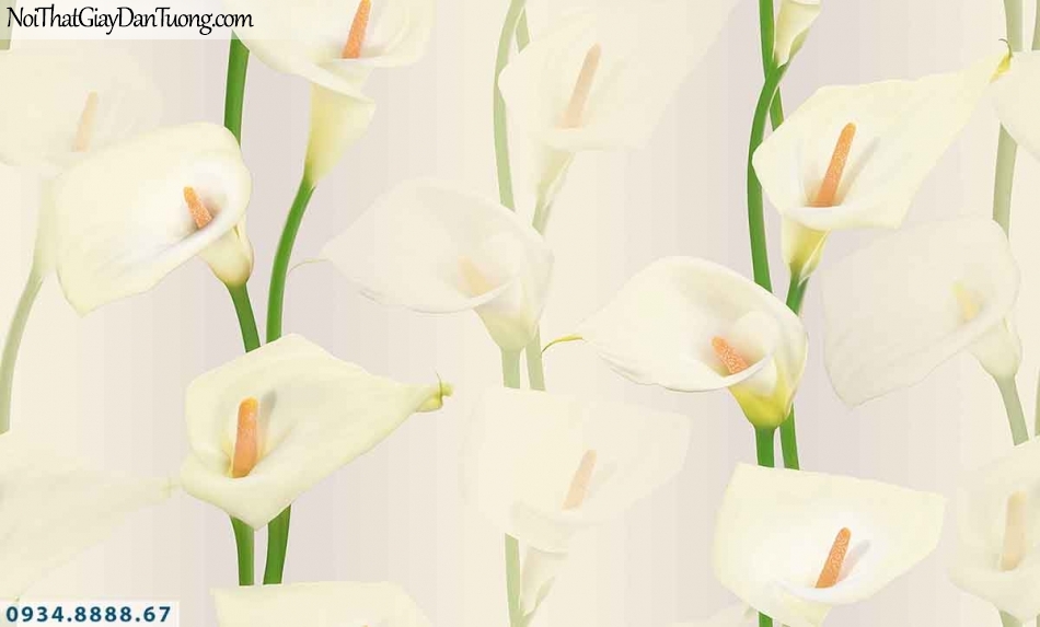 Lily | Giấy dán tường Lily 36013-3 | giấy dán tường hoa loa kèn màu trắng, bong hoa dây leo 3D đẹp