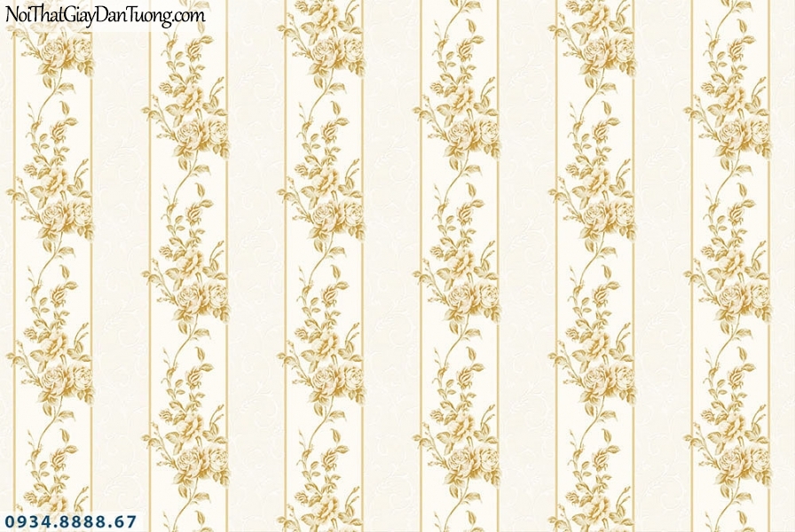 Martina | giấy dán tường Martina MGM1006 | giấy dán tường kẻ sọc bông lớn, sọc bông hoa to, sọc dạng dây leo màu vàng kem