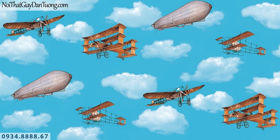 Martina | giấy dán tường Martina 2001-1 | giấy dán tường trẻ em, hình bầu trời xanh, máy bay và khinh khí cầu bay trên bầu trời, giấy dán trần đẹp