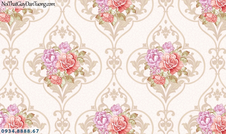 FLORIA | Giấy dán tường Floria 7704-3 | giấy dán tường bông hoa màu hồng, từng chùm hoa tươi đẹp, họa tiết cổ điển phong cách Châu Âu