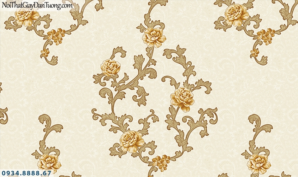 FLORIA | Giấy dán tường Floria 7706-3 | giấy dán tường hoa màu vàng, dây leo tường bông hoa vàng đẹp