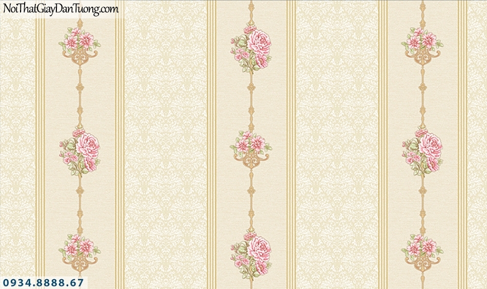 FLORIA | Giấy dán tường Floria 7709-1 | giấy dán tường kẻ sọc bông hoa, sọc dây hoa leo màu vàng, vàng kem
