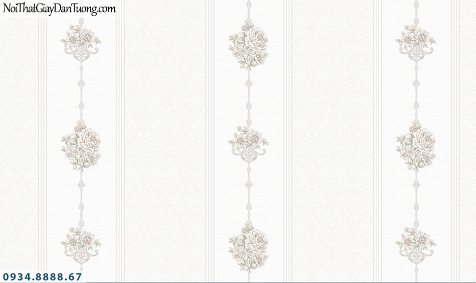 FLORIA | Giấy dán tường Floria 7709-6 | giấy dán tường kẻ sọc bông màu trắng, phong cách cổ điển
