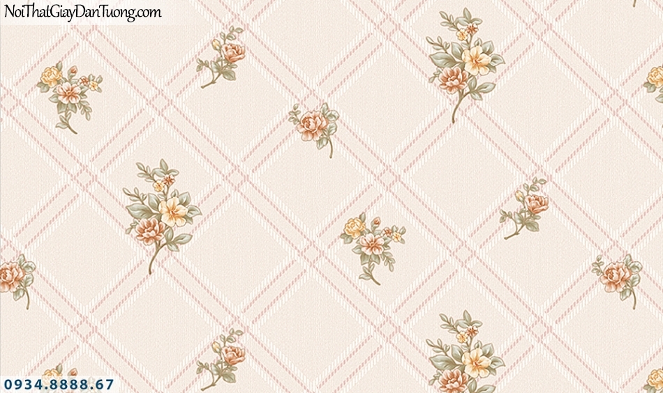 FLORIA | Giấy dán tường Floria 7711-2 | giấy dán tường họa tiết ca rô, hình thoi, những bông hoa nhỏ rơi đều, màu hồng