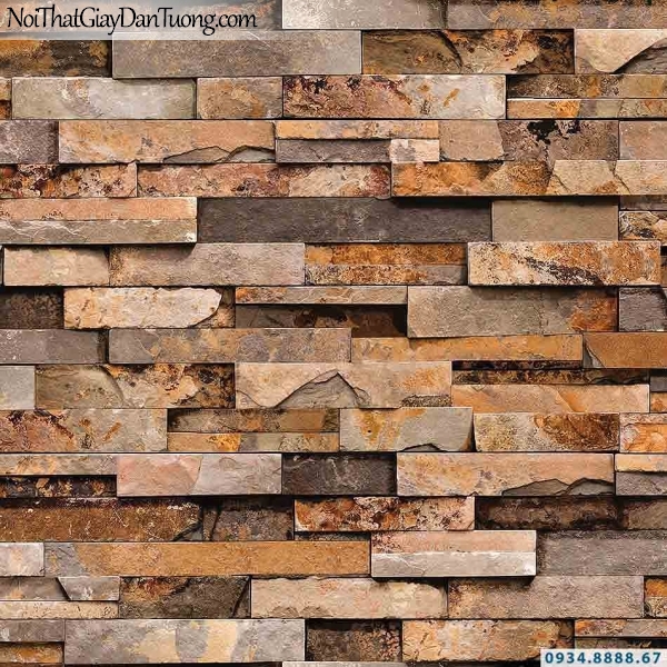 Giấy dán tường giả gạch, giả đá, giả gỗ 3D Stone Natural 85011-1 | Giấy dán tường giả đá màu cam, màu vàng đậm, vàng nâu