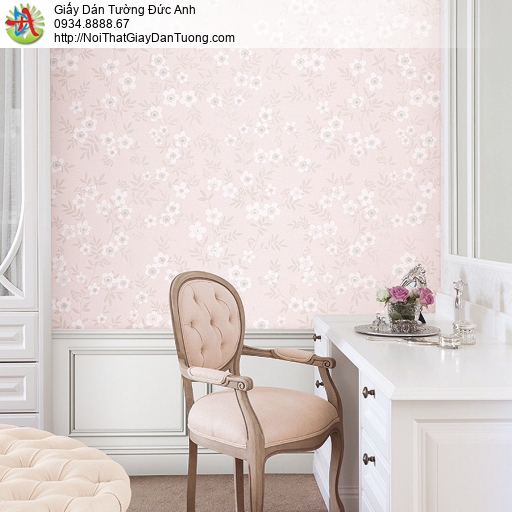 87418-3 giấy dán tường màu bông hoa nhỏ màu hồng, hoa trắng nền hồng