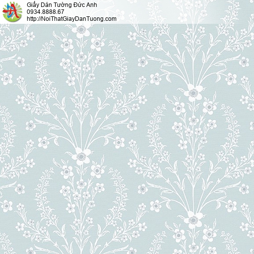 87419-2 giấy dán tường hoa văn nhỏ nền màu xanh, hoa trắng, xanh lơ