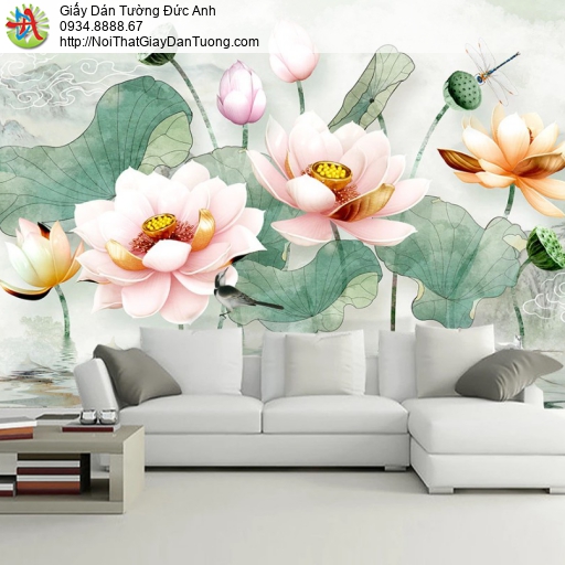 3312 - Tranh dán tường hoa sen 3D, hoa sen màu hồng 3D, hồ sen