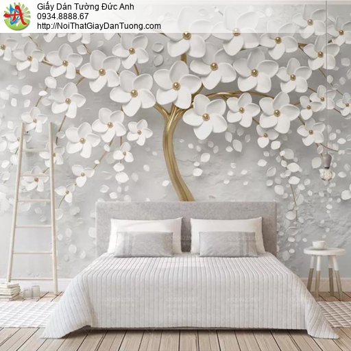 3313 - Tranh dán tường cây hoa trắng thân vàng 3D, cây hoa 3D đẹp