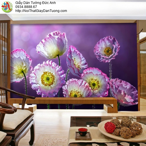3316 - Tranh dán tường hoa màu tím, tranh tường hoa tím lớn lãng mạn