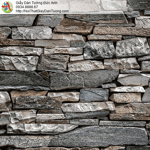 27055 - Giấy dán tường giả đá 3D màu xanh, màu xám, bức tường đá đẹp