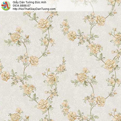 63084 - Giấy dán tường hoa văn dây leo, nhiều bông hoa nhỏ màu vàng