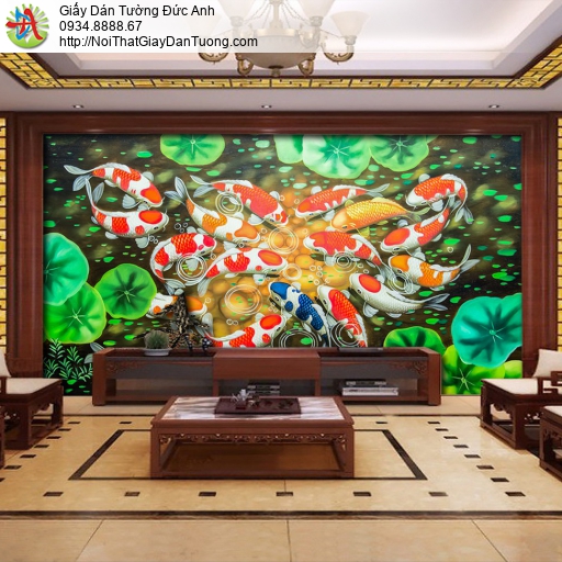 7084 - Tranh dán tường cá và hoa sen, Cửu Ngư Quần Hội, tranh 9 con cá
