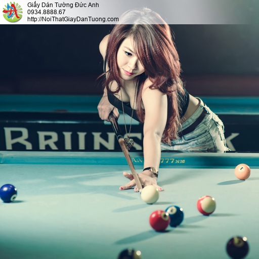 DA377 - Tranh dán tường em gái xinh đẹp chơi bi da, girl sexy Billiard
