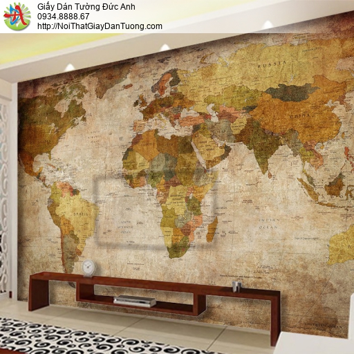 9545 - Tranh dán tường bản đồ thế giới, bản đồ cổ, bản đồ cũ màu vàng