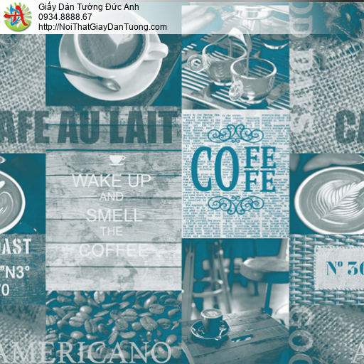 53012-4 Giấy dán tường cho quán cafe màu xanh, dán tường cà phê đẹp