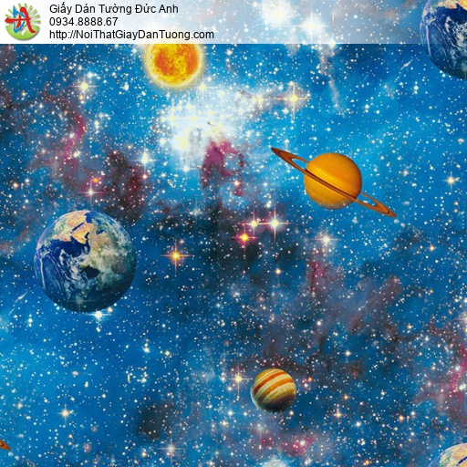 Giấy dán tường các hành tinh trong hệ mặt trời màu xanh, galaxy thiên hà, giấy dành cho trẻ em, Happy Story 2027-1B