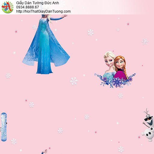 Giấy dán tường hình công chúa Elsa Anna trong nữ hoàng băng giá Frozen màu hồng dành cho trẻ em bé gái, Happy Story 6802-1B