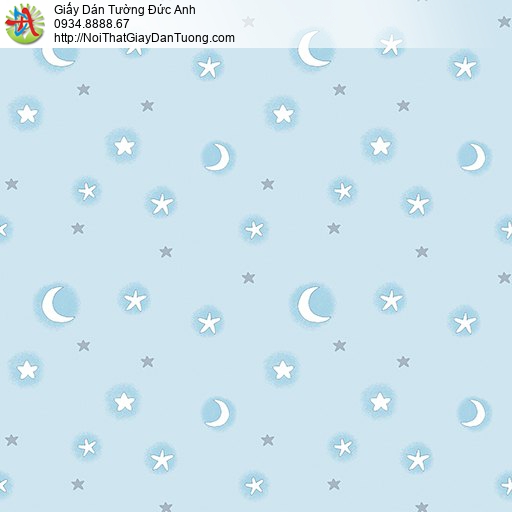 Giấy dán tường hình trăng sao màu xanh, mẫu giấy dành cho trẻ em đẹp, happy story 6801-1B