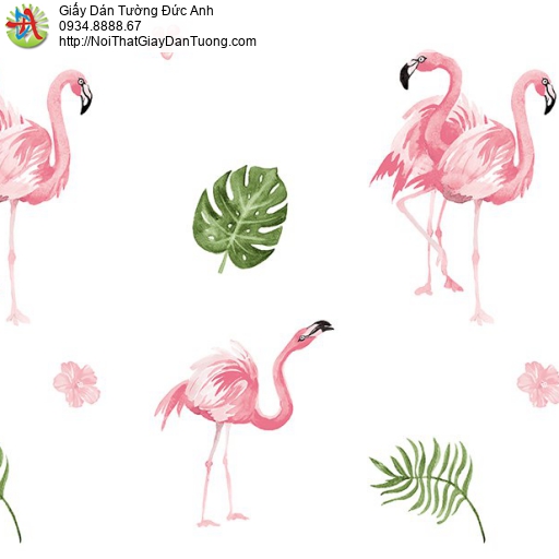 Giấy dán tường hình chim sếu màu hồng, siếu đỏ rừng nhiệt đới, Happy story 6805-1B - 2028-1