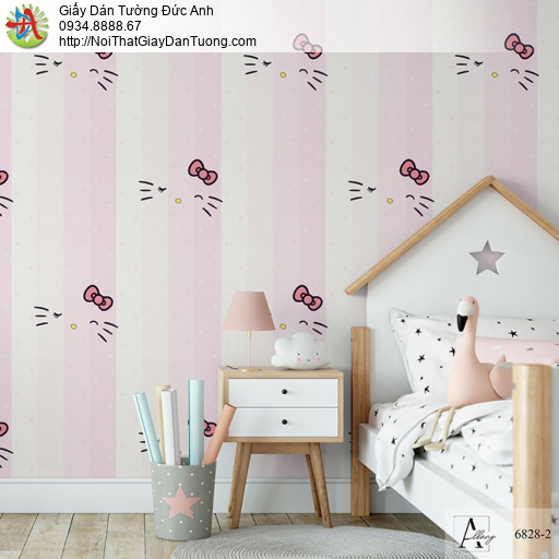 Albany 6828-2, Giấy dán tường hello kitty màu hồng, giấy kẻ sọc cầu vòng dành cho bé yêu