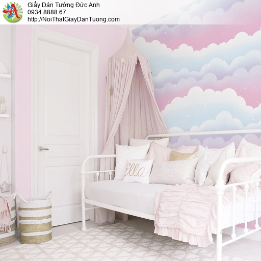 5149-1 Giấy dán tường hình mây trắng hồng hoat hình siêu dễ thương