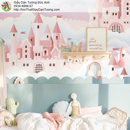 5150-1 Giấy dán tường hình lâu đài màu hồng giữa đám mây trắng dễ thương cho bé gái