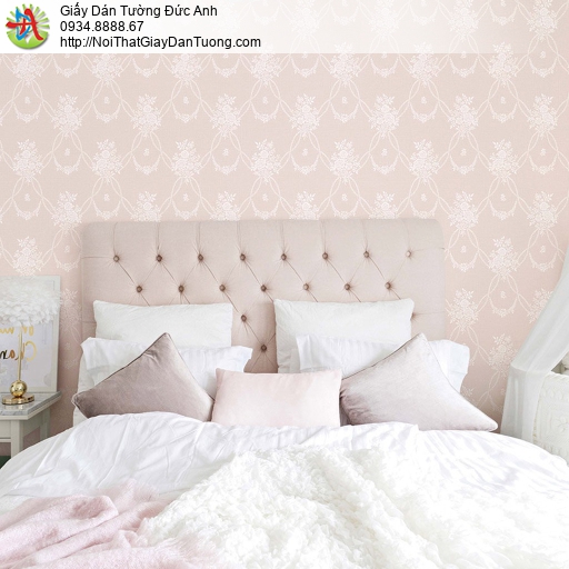 87400-1 Giấy dán tường họa tiết hoa hồng trắng trên nền giấy màu hồng baby đáng yêu
