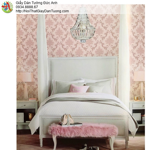 6505-2 Giấy dán tường màu hồng phấn, hoa văn tân cổ điển quý phái, quyến rũ