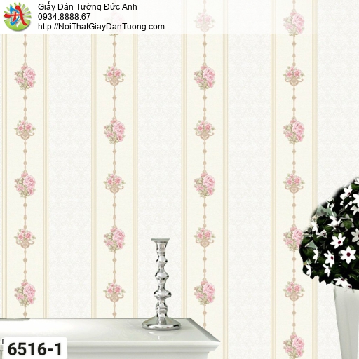 6516-1 Giấy dán tường hoa hồng cổ điển sọc lớn màu hồng khói nền nã giản đơn