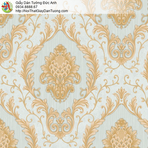 6520-2 Giấy dán tường hoa cổ điển Châu Âu màu vàng đồng trên nền giấy sang chảnh, độc đáo màu xanh ngọc bích 
