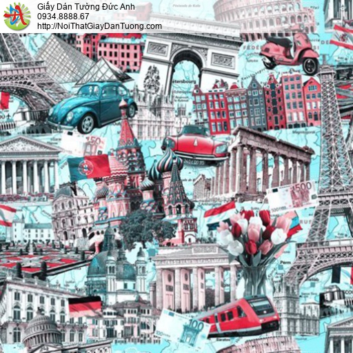 18012 Giấy dán tường hình ảnh thủ đô Paris hiện đại với gam màu xanh ngọc bích 