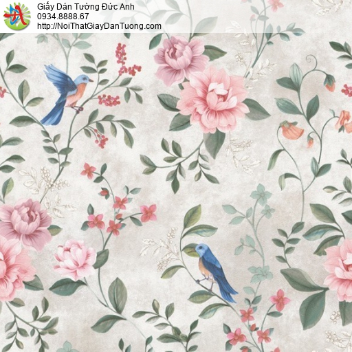Choice 10292-2, giấy dán tường hình bông hoa to, nhánh hoa màu hồng những chú chim màu xanh gần thiên nhiên