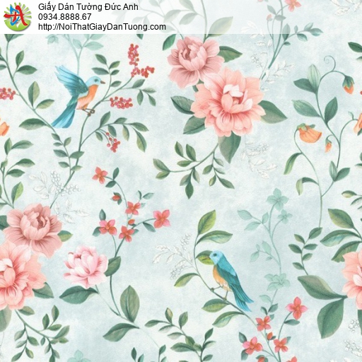 Choice 10292-3, giấy dán tường hoa lá chim muông màu xanh, những bông hóa màu hồng lớn